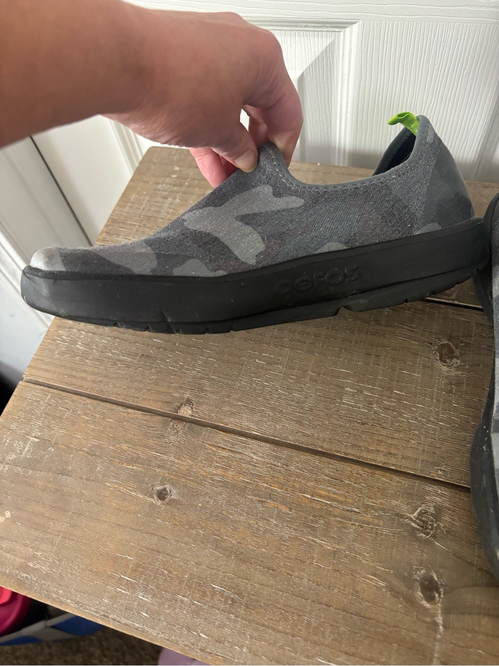 OOFOS Women’s Slip-On Athletic Shoes - Gray Camo with Neon Green Insole - Picture 2 of 7